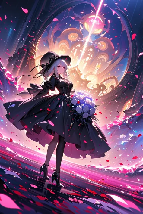 1girl,,face not visible,black Gothic dress,black hat,white bouquet,(holding white bouquet),standing,front,(black petals flying in profusion),Rain of petals,many petals,innumerable petals,petals floating in the air,Art Deco,Color Field painting,rococo style...