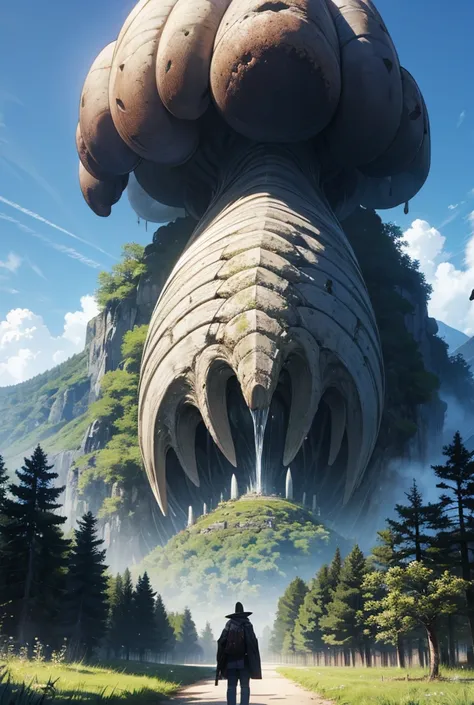  A huge monster the size of a mountain, in front of the monster of a glade and a village 