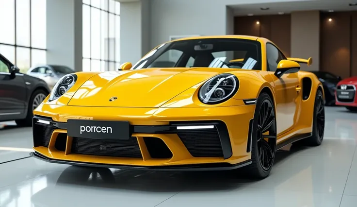 create an ultra-detailed 3D render  close front view, of a modern 2025  porsche 911 Carrera  with a bold design looking long like limousine captured from close backview. The car should feature a Gleamy Yellow color and black accents with a porsche  logo on...