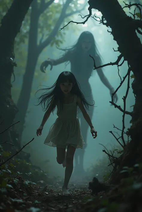 An Asian girl, Lost in a dark forest ,  with a Vadou antity chasing her