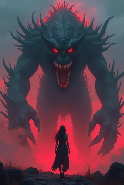  Is there a woman standing in front of a giant monster, Alena Aenami and Artgerm, Wojtek FUS,  demon girl ,  Dark photorealistic conceptual art , monstergirl, Cyberpunk horror style ,  Monster Girl, anime rudo 8K, Fantasy and horror art ,  Horror Fantasy A...