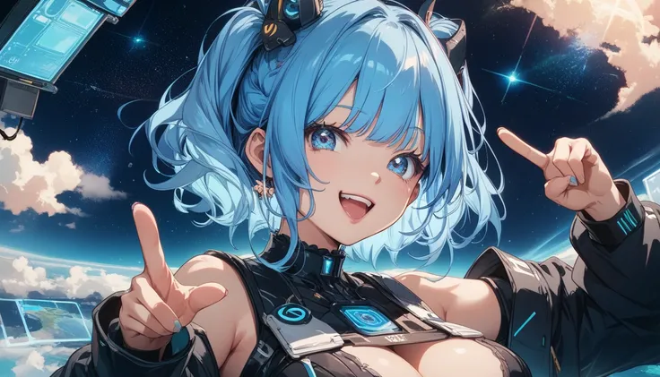 a beautiful blue-haired anime girl happy gesture, feautring in an AI-powered world with a futuristic digital data-filled background. She has medium-length hair that shines like stars, large eyes, and wears a black tech-inspired outfit. The screen of her co...