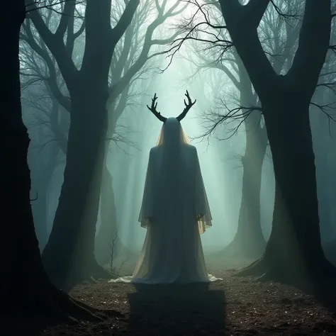 A shadowy, horned figure with a ghostlike, transparent texture stands among the tall, ancient trees in an old forest. The figures body is semi-transparent, blending with the mist that lingers in the air. The trees around it are gnarled and twisted, their b...