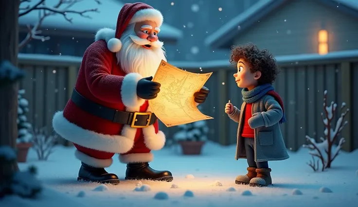 A  Santa (large, cheerful man,white hair, a long  beard, blue eyes, a red fur-trimmed coat, black boots, and a golden belt) shows glowing, enchanted map to A slim, curious ( curly messy brown hair, hazel eyes, a red sweater, blue scarf, gray coat, and boot...