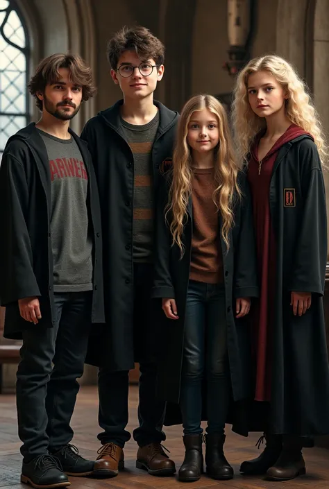 Please generate a picture with four Hogwarts students and a female lady teacher standing next to them. Hogwarts students should be two boys and two girls, boys should have dark brown hair, beards and one of them should wear glasses. One girls should be blo...