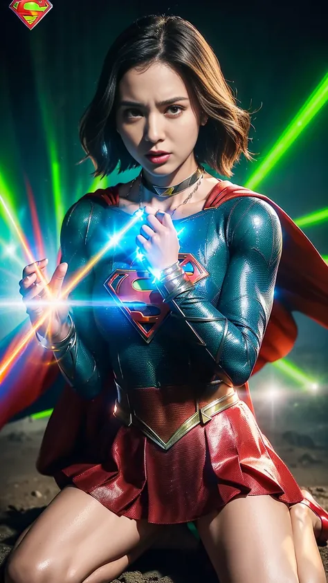 masterpiece、supergirl costume、short hair、barefoot、big and full breasts、Crisis situation、prison、in a cage、imprisonment、sacrifice、kneel down、sweaty、shiny、looking at camera、Seduce、choker、long sleeve、red exy pose、POW camps、(((She wears a necklace with krypton ...