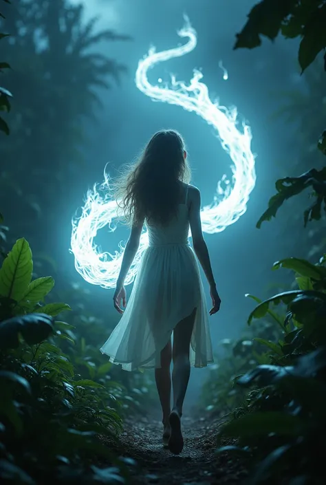 A teenage beautiful girl  walking through a dangerous jungle at night, holding a bright dark white   colour  dragon flame that is wrapping around her arm, and he control that flame .(best quality,4k,8k,highres,masterpiece:1.2),ultra-detailed,(realistic,pho...