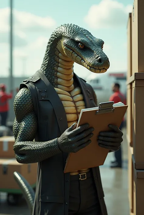 A muscular rattlesnake shaped like people checking a load with a clipboard in their hand at the airport 