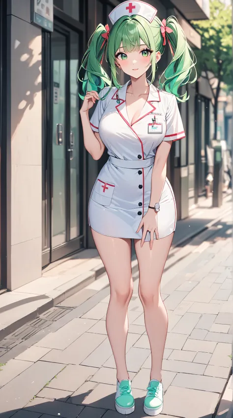 A woman wearing a nurse uniform.A woman wearing a miniskirt,impressive cute shoes.
.Her is the whole body standing. green in color, sexy and popular with women all over the world. She likes the color green. Front view from head to toe. Sexy shoes. Gentle e...