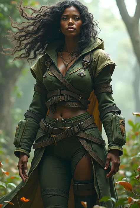  Generate for me an image of mother nature with black skin an original outfit that does not necessarily relate to nature, I want the outfit to be similar to a semi-combat outfit and with a slightly neglectful tone and generate the whole body for me 