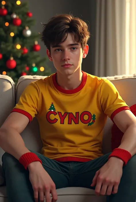 Boy handsome wearing chrismass and yellow t-shirt fited
Sofa 
name tag cyno on t-shirt cyno
Teen anger 
