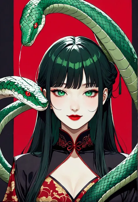 Long black hair with no habits 。 dark green eyes that shine mysteriously 。Red pattern on outer corner of eye。 eyes like a snake 。 a beautiful girl with a long, cool, dark green eyes 。appearance 。Alluringな蛇顔の美女。Beautiful。 beauty。 sharp, cool, deep green eye...