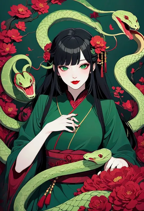 Long black hair with no habits 。 dark green eyes that shine mysteriously 。Red pattern on outer corner of eye。 eyes like a snake 。 a beautiful girl with a long, cool, dark green eyes 。appearance 。Alluringな蛇顔の美女。Beautiful。 beauty。 sharp, cool, deep green eye...