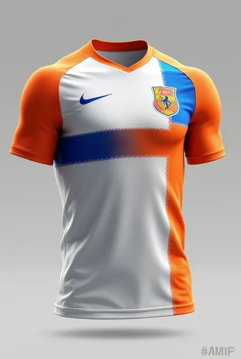 A soccer uniform in the color white sleeve and collar in the color orange and a cross on the left in the colors orange and white and royal blue and on the front the number 10 on the back in the color orange