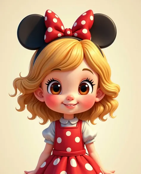 Cartoon character with dark blond curly hair ,  over the shoulder with brown eyes aged 2 in Minnies clothing 