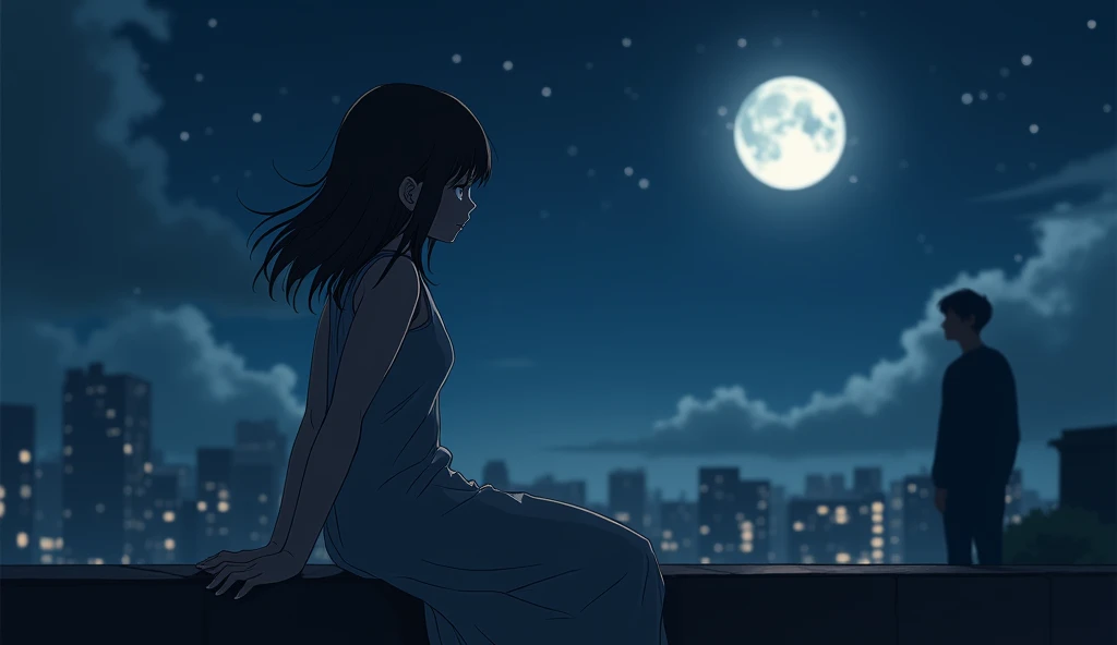 A soft-focus image of a girl sitting on a rooftop under a starry night, gazing at the moon, while the silhouette of a man walks away in the background, symbolizing longing.