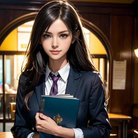 Young woman, Ito Mika, high school uniform, long hair, black or dark brown hair, challenging expression, strong personality, youthful vibe, full of conflict, confident, good at retorting, aura of mystery, slightly raised eyebrow, victim of magic book, smir...