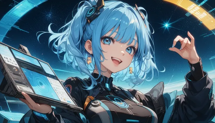 long shot of a beautiful blue-haired anime girl, feautring in an AI-powered world with a futuristic digital data-filled background. dark black and blue background, She has medium-length hair that shines like stars, large eyes, and wears a black tech-inspir...