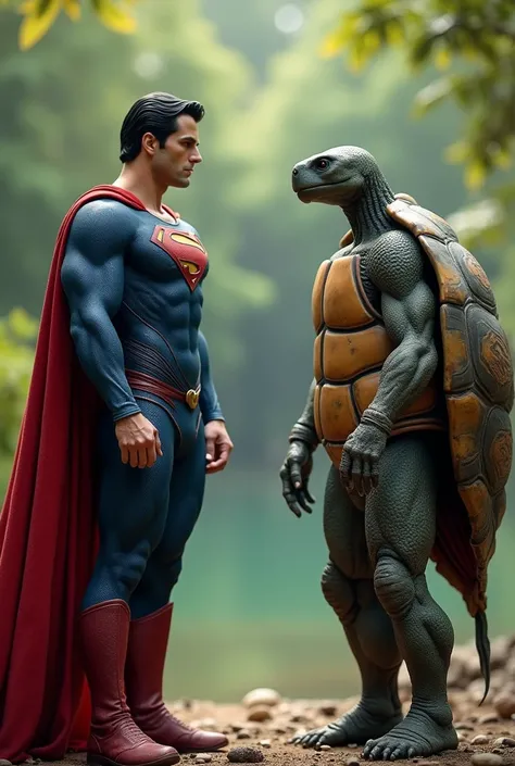 Superman and turtle looking at each other