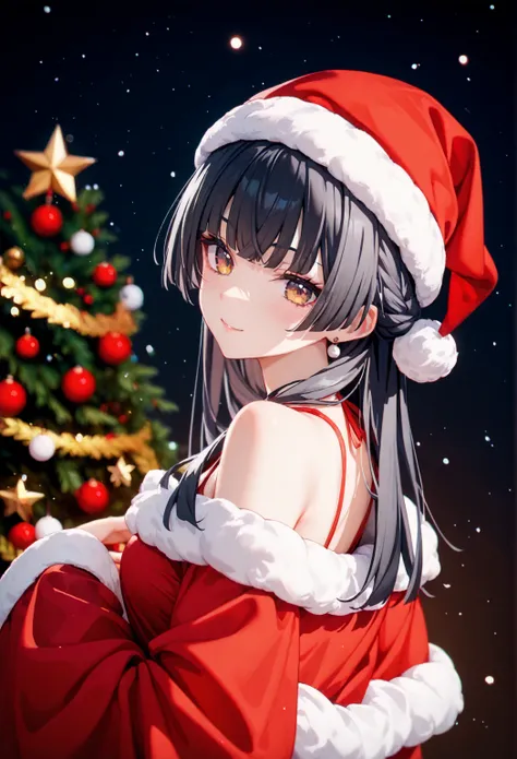 Beautiful anime girl, a Christmas vibe, a Santa hat, a red dress and Santa hat, and a red dress., at the best resolution, full-body portrait, high definition., in anime art, in the style of high-definition digital art., wearing a Santa hat and a red dress ...