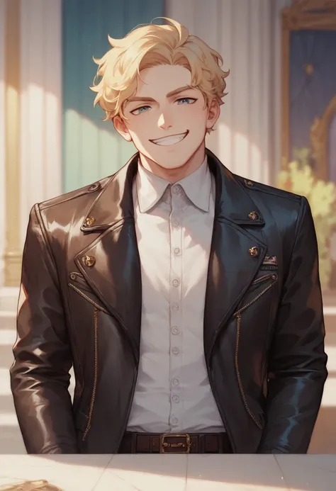   Best Quality  ,   Masterpiece, man, rubio,  white skin , wavy blonde hair ,  smug smile ,  leather jacket