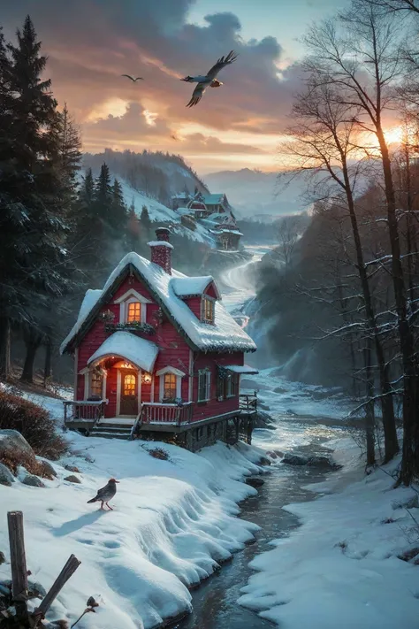 A house in the village,Realistic shadows,wind blow,Birds in flight,Running River,winter, animal tracks in the snow, smoke from the house chimney ,twilight,you can see the light in the window 