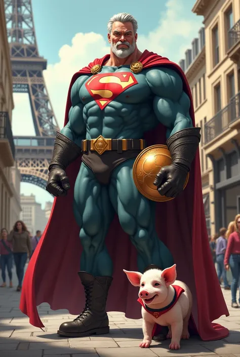  A very muscular superhero with gray hair , without a beard and glasses ,  who has a capital T drawn on the chest ,  who wears a terrine of pâté under his arm and who is accompanied by a smiling pig on the ground with a cape,  with Paris and the Eiffel Tow...