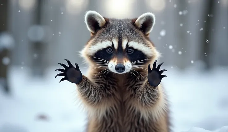 close up shot of an excited raccoon standing up in a beautiful snow covered landscape. blurred bokeh background.