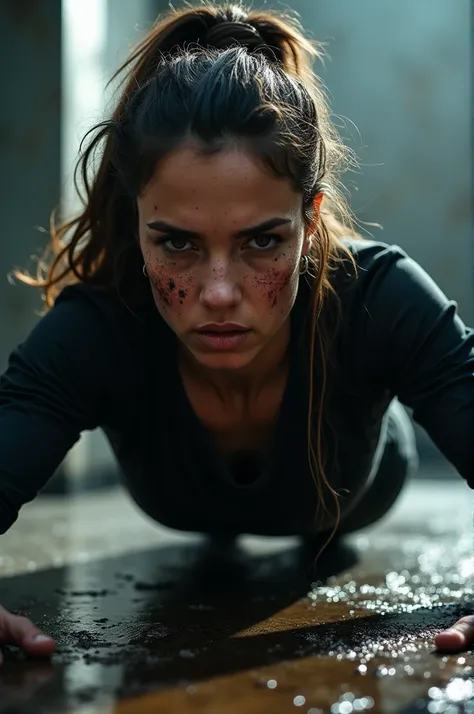 Create an image of a woman in push ups wearing a long sleeved black shirt and a flat jacket push ups on a sweaty floor with a lot of her face sweaty with a lot and her face is tired