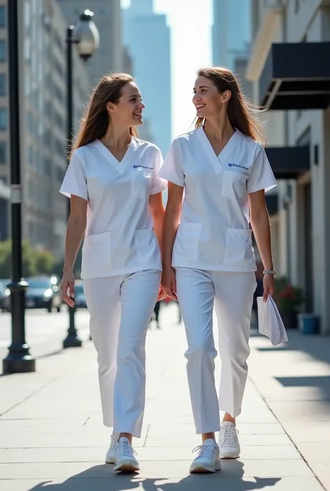 crée moi un dessin de deux femmes aides soignante en uniforme blanc retourner allant travailler 