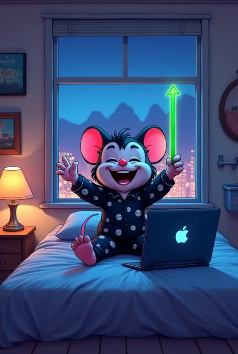 Digital Cartoon illustration mouse sitting on a bed with a laptop in front of him.there is one sink attached at wall "MOUSE HOUSE" written on it.  the mouse is wearing a black pajama set with dollar signs on it and has a big smile on its face. it is holdin...