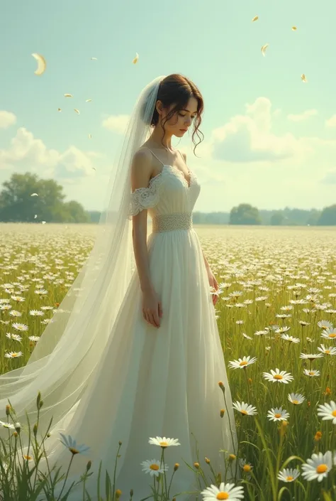 Sad bride in the middle of a field of daisies 