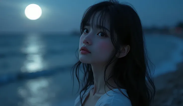 Best Quality,4K,8k,High resolution,masterpiece:1.2,Very detailed,A tired girl,length, Flowing black hair,Delicate features,thinking eyes,White skin,Happy expression,Great atmosphere、Wearing a shirt、Romantic atmosphere、Moonlit night and sea in the backgroun...