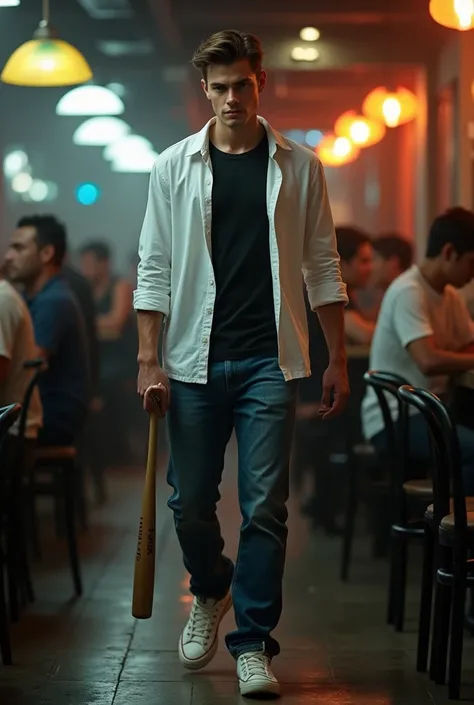 a handsome, slender young man, carrying a big baseball bat, wearing a white long-sleeved shirt, black t-shirt, long jeans, white converse high-tops, detailed portrait, chiaroscuro lighting, cinematic science fiction, dramatic atmosphere, night scene backgr...