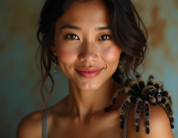  creates an exuberant Cambodian woman who looks at the spectator in the foreground and who has a tarantula on her shoulder ,  full lips, tan-colored and precious skin 