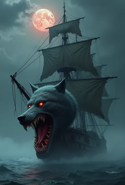 Create a dark and haunting hybrid image that blends the terrifying features of a menacing wolf with the imposing structure of an old ship. The ship’s hull should incorporate the snarling face of a wolf, complete with jagged teeth, glowing eyes, and fur-lik...