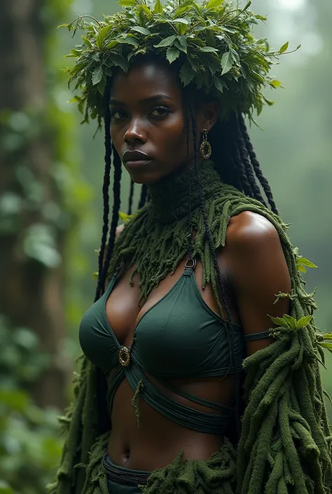  Generate for me an image of mother nature with black skin an original outfit that does not necessarily relate to nature, I want the outfit to be similar to a semi-combat outfit and with a slightly neglectful tone and generate the whole body for me ( elle ...