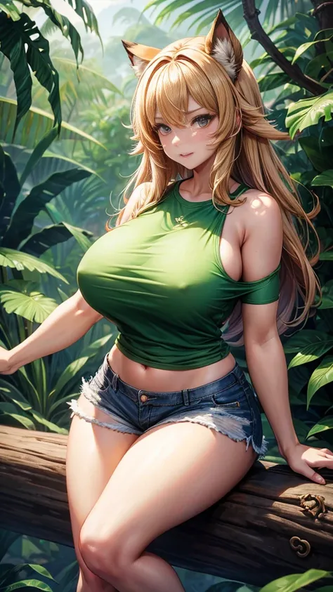 Griffin girl huge breasts wearing a bare-shoulders t-shirt wearing a shorts sexy post in the jungle.