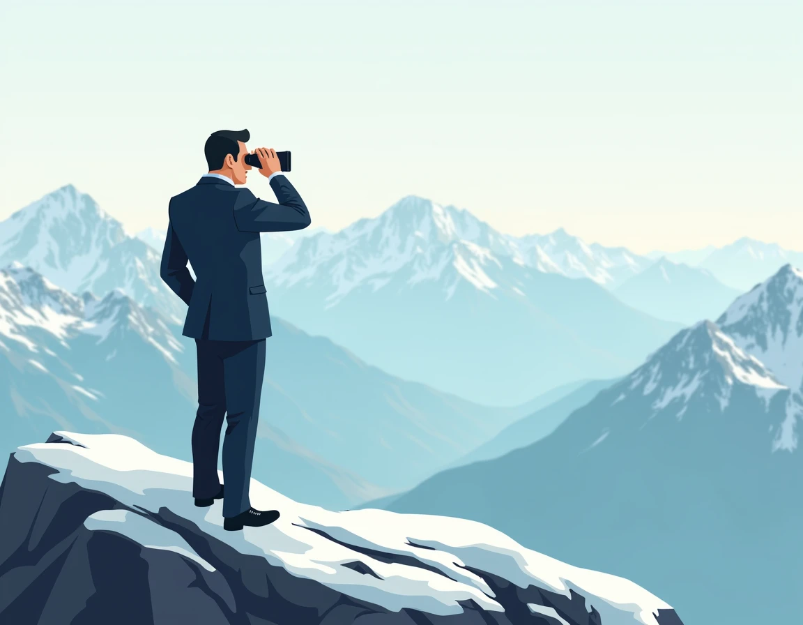 Business goals; Businessman looking binoculars on top of the mountain for looking to another next 2024 years Concept of investment illustration flat design