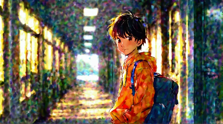 masterpiece, best quality, 1 boy, solo, high school student, calm and gentle, holding his school bag in this back, eyes looking at the camera of view, environment of the school corridor