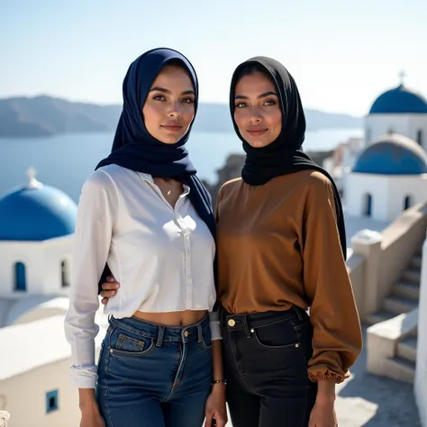 Real life. Photo shoot. Two Arabic women standing side by side at Santorini. The woman on the left is a supermodel. She have large breasts, white skin, and slender build. She is wearing a dark blue hijab, white long-sleeved top, and dark blue jeans. The wo...