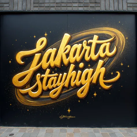 Elegant graffiti in gold with the inscription jakartastayhigh , background logo lingkaran listrik galaxy 