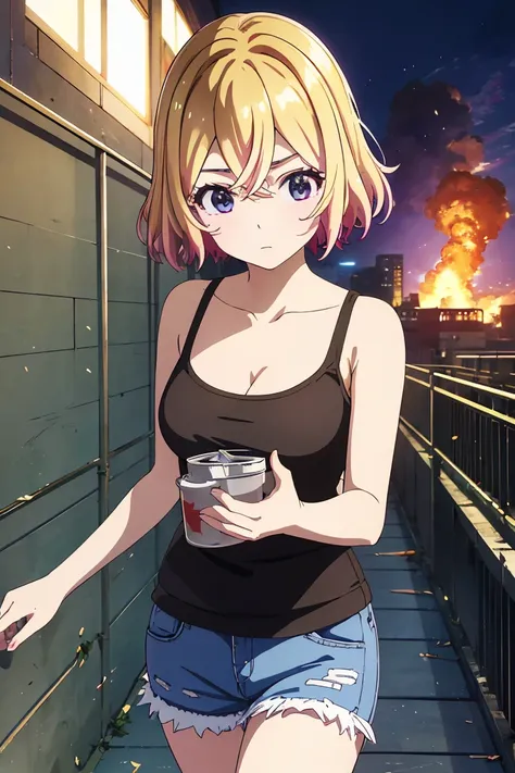 masterpiece, Highest quality anime illustrations, Super detailed,ultra high resolution、perfect lighting single girls, alone, Blonde、medium hair, anime , view at viewer,  cleavage、 black tank top seen above、 sexy black shorts、 handgun、at night、 fence、Explos...