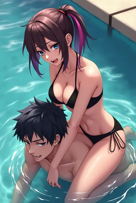 Anime girl in black bikini sitting on the guys spine while him standing on all fours In front of the pool