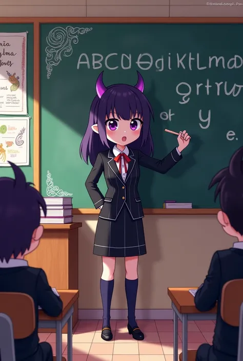 Kuromi de Sanrio dressed as a school teacher teaching ABC on a blackboard.