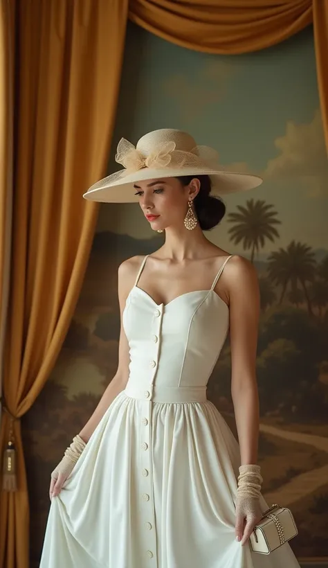 A sophisticated busty woman poses in a classic, vintage-inspired setting, wearing an elegant white sleeveless dress that cinches at the waist and flares out gracefully. The dress features button detailing down the front, and she accessorizes it with a wide...