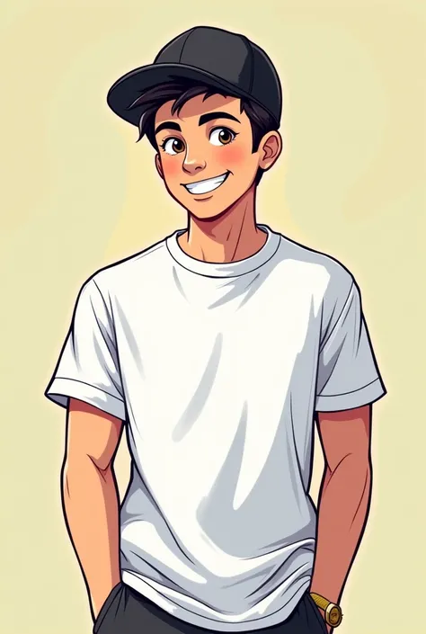 Webtoon art of 20 years old cute man wearing white t shirt, black shorts and black cup