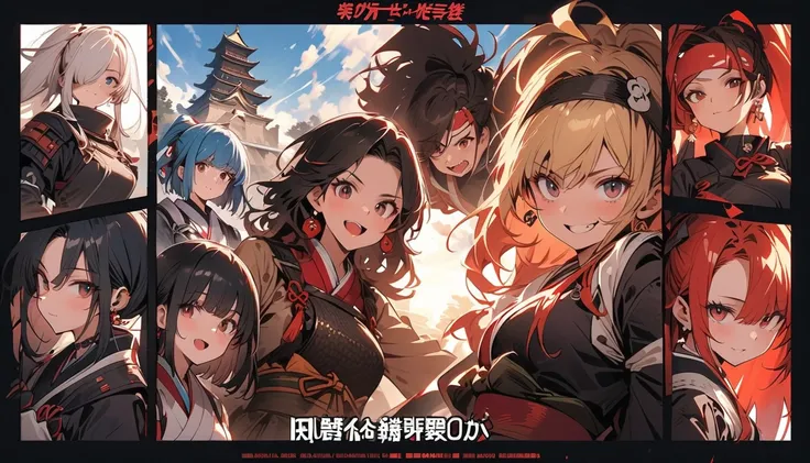 (The screen is divided into 6 parts,game),( beautiful girl : 1.3),6 girls,(samurai,warrior, Japanese Knife ,headband,Chest guard, earrings),Blonde, black hair,Brown Hair, Silver Hair, red hair,Blue Hair, ponytail, bob cut, Straight Long Hair , shorter hair...