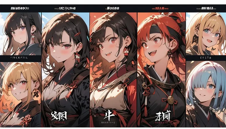 (The screen is divided into 6 parts,game),( beautiful girl : 1.3),6 girls,(samurai,warrior, Japanese Knife ,headband,Chest guard, earrings),Blonde, black hair,Brown Hair, Silver Hair, red hair,Blue Hair, ponytail, bob cut, Straight Long Hair , shorter hair...