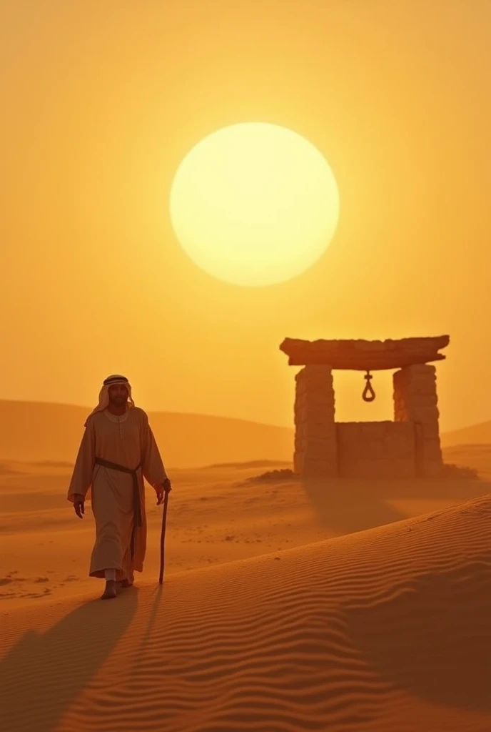 A cinematic scene of a vast golden desert under a glowing sunrise, with soft rays of light streaming over the sand dunes. In the foreground, a lone traveler in traditional Middle Eastern attire walks slowly, holding a wooden staff, with visible fatigue on ...